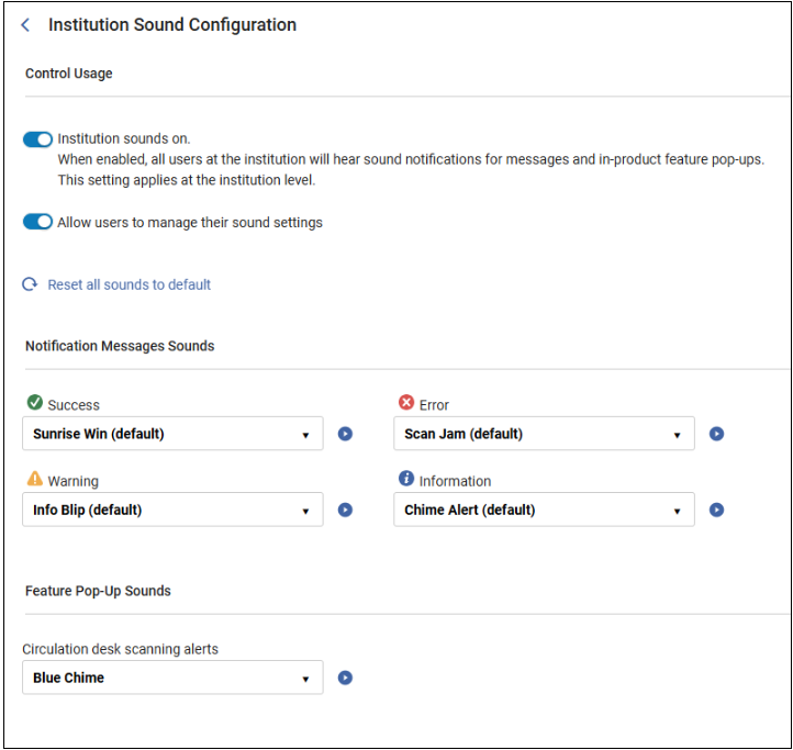 The Institution Sound Configuration page